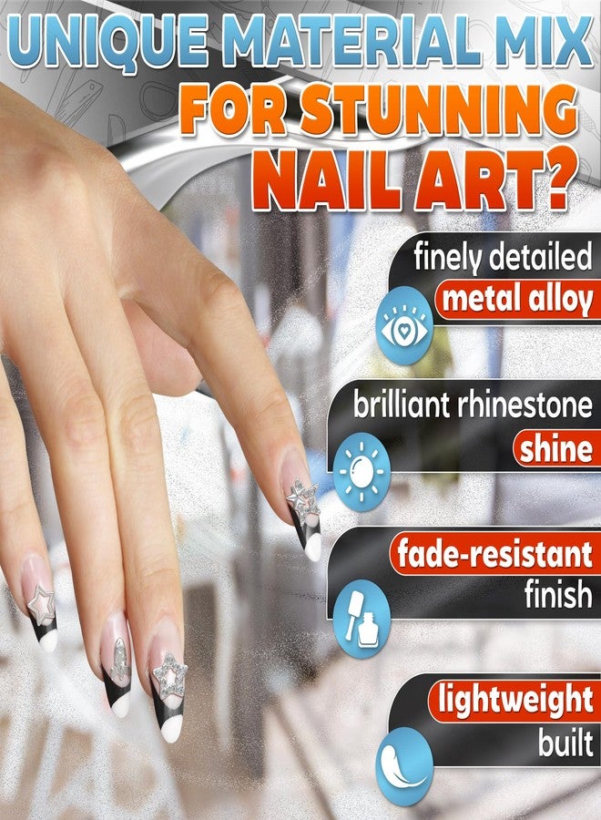 ZOKLU 110 Pcs Silver Nail Charms and Gems - Complete Art Set with Cross, Planet, Piercing Ring & Silver Star Nail Charms Designs with Rhinestones - Easy-to-Apply, Sturdy Acrylic for Stylish Manicures - Image 3